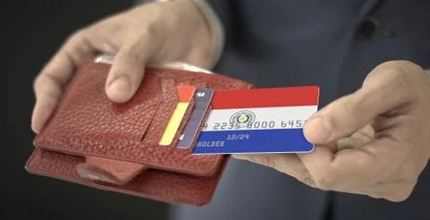 Man pulls plastic bank card with flag of Paraguay out of his wallet, fictional Stock Photos