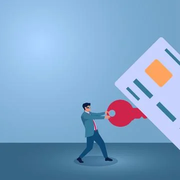 A man pulls a red key from a credit card, an illustration of credit card frau Stock Illustration