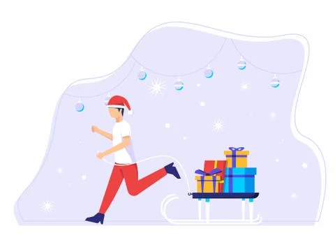 Man pulls up a surfboard filled with presents for Christmas in winter. vector Stock Illustration