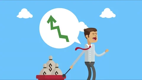Man pulls wagon full of money bags while thinking about business growth and.. Stock Footage 334160978