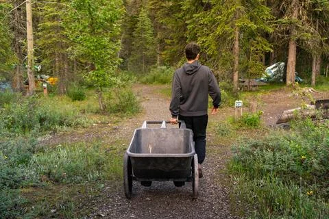 A man pulls a wheelbarrow down a path in a forest on a camping trip. Stock Photos