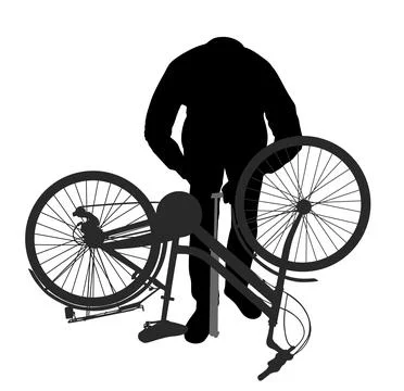 Man pumping up bicycle tire vector silhouette illustration Stock Illustration