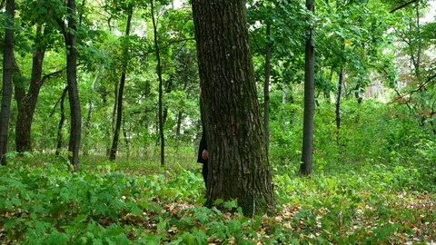  man pumpkin head appears from behind a tree with a knife in the forest, Stock Footage 116502570