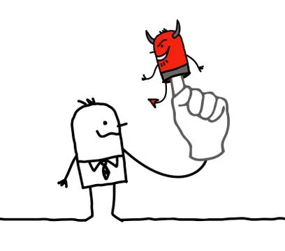 Man with puppet devil on finger Stock Illustration