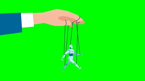 Man puppeteer controls the robot. Human hand manipulating robotic cyborg puppet Stock Footage 282290772