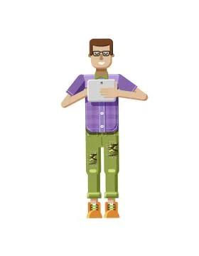 Man in purple checkered shirt, laptop in hand, looking into screen of eBook Stock Illustration