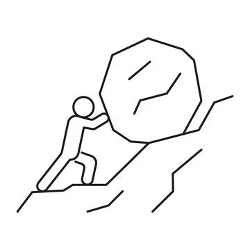 Man push hard stone in mountain. Drag load above you. Hard climb up mountain. Stock Illustration