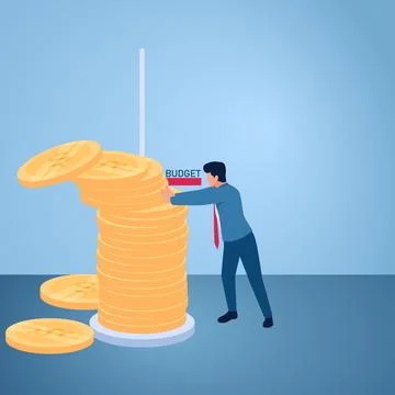 A man pushes coins from a stack to align with the budget line, an illustrat.. Stock Illustration