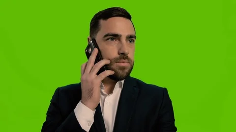 Man pushes a microphone with his hand, no comments concept. Isolated green Video stock 125267344