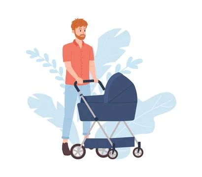 Man pushing baby stroller, flat vector illustration isolated on white background イラスト素材
