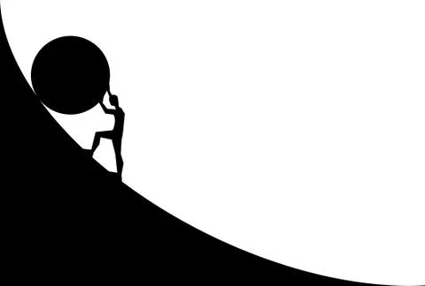 Man pushing big boulder uphill. Vector cartoon silhouette in flat design Stock Illustration