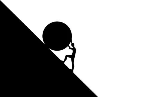 Man pushing big boulder uphill. Concept of fatigue, effort, courage, power Stock-Illustration
