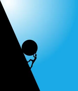 Man pushing big boulder uphill with blue sky. Concept of fatigue, courage Stock-Illustration