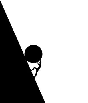 Man pushing big boulder uphill with white sky. Concept fatigue, effort, courage Stock-Illustration