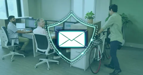 Man pushing bike into office activating shield with envelope, node and check Stock Footage 314906290