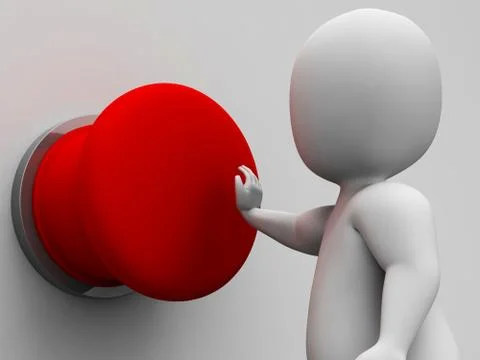 Man pushing blank red button shows control Illustrazione stock