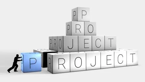 A man is pushing a brick to form the word PROJECT. Metaphor on project creation. Stock Illustration