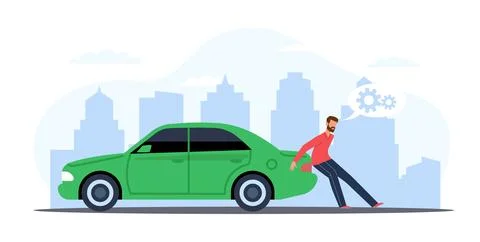 Man is pushing broken car down city road. Vehicle on roadside push to service Stock Illustration