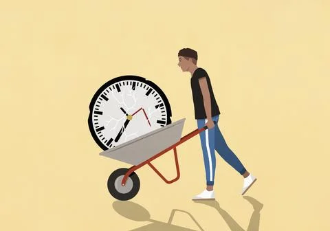 Man pushing broken clock in wheelbarrow against yellow background 스톡 일러스트