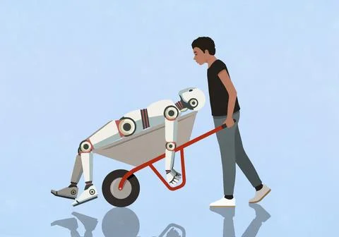 Man pushing broken humanoid robot in wheelbarrow Stock Illustration