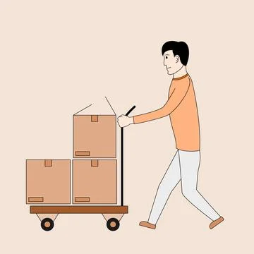 A man is pushing a cart with boxes on it Stock Illustration