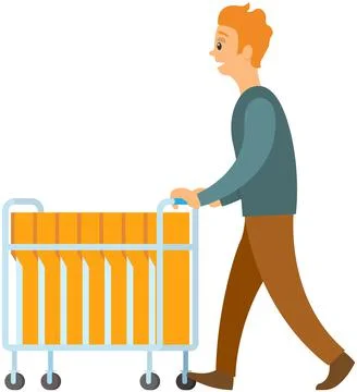 Man pushing cart with computer desktop yellow folders. Desktop pack element with Stock Illustration