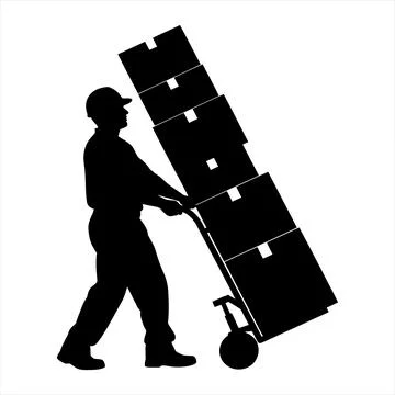 Man pushing dolly with stacked boxes worker laborer silhouette black Stock Illustration