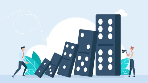 Man pushing hard falling deck of domino tiles. Woman with loudspeaker in hand Stock Footage 270220103