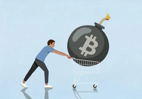 Man pushing large Bitcoin bomb in shopping cart against blue background Stock Illustration