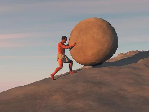 Man pushing a large stone on a slope イラスト素材