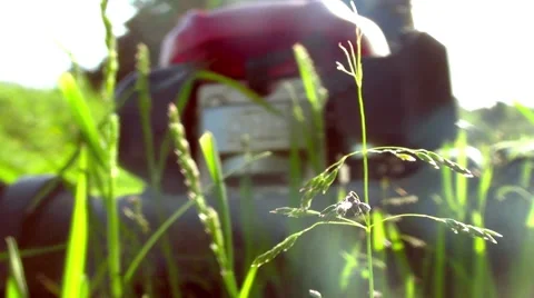 Man pushing a lawn mower, close up on grass in foreground - short cut - Full HD Stock Footage 50377411
