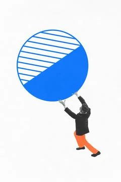 Man pushing massive blue pie chart uphill, symbolizing effort of data analysis Stock Photos