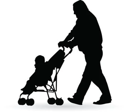 Man pushing a pram with a small child Stock Illustration