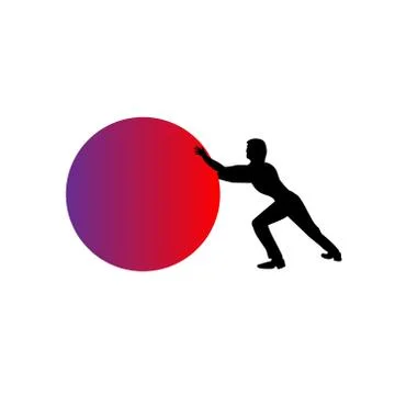 Man pushing a red sphere, ball or orb - isolated over a white background. Art Stock Illustration