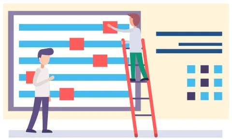 Man pushing satisfaction or loading progress level slider. Guys are working with Stock Illustration