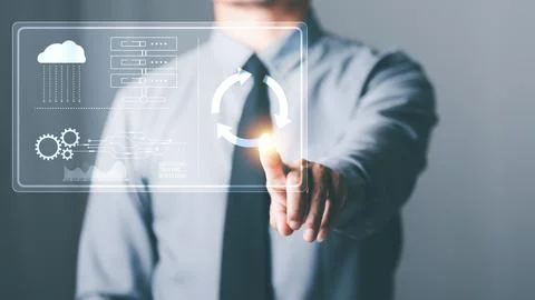 Man pushing software update button, technology information update and upgra.. Stock Photos