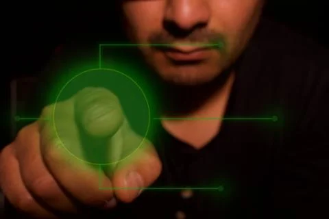 A man pushing a virtual button Stock Photos