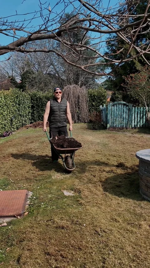 Man pushing wheelbarrow with compost along garden path in spring, rear view. Stock Footage 332177792