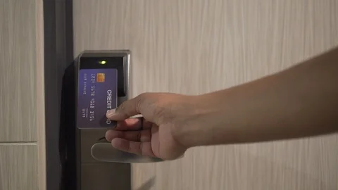 Man put the card and Open the door of the hotel room. Credit Card for Travel. 4K Stock Footage 93897251
