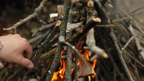 Man puts the bark of a tree in a fire 스톡 동영상 93542880