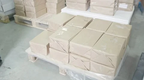 The man puts carton Packed on pallet in an industrial warehouse Stock Footage
