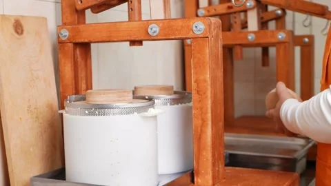 Man puts curd mass under press, cheese making, fermented milk, production Stock Footage 210149250