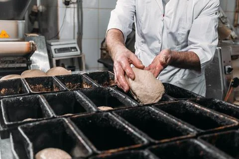 A man puts dough in a bread pan. Bread making process Stock Photos