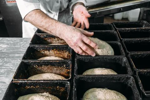 A man puts dough in a bread pan. Bread making process Stock Photos