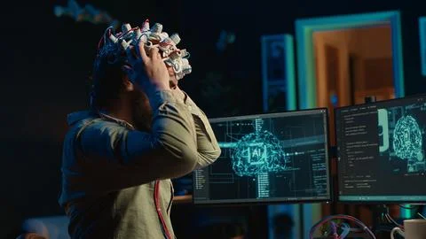 Man puts EEG headset on to transfer mind into computer virtual world Stock Photos