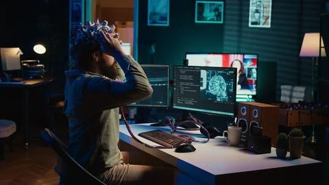 Man puts EEG headset on to transfer mind into computer virtual world Stock Photos