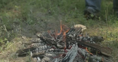 Man puts frying pan on burning campfire coals Stock Footage 76703379