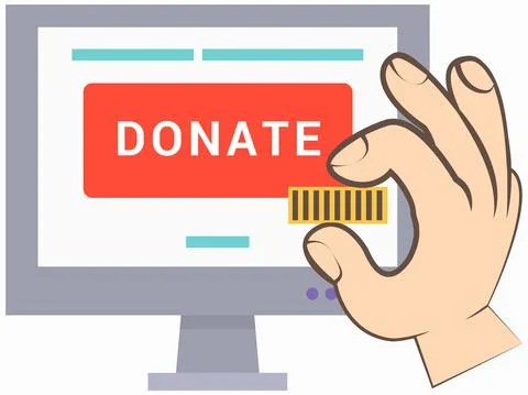 Man puts gold coin in computer monitor for donations. Coin in hand donation box Stock Illustration