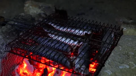Man puts grill basket with fish on brazier full of live coals. Stock Footage 54237620