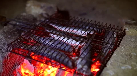 Man puts grill basket with fish on brazier full of live coals. Stock Footage 54237657